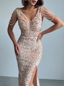 Rochie eleganta lunga cu paiete si lantisoare pe umeri - Img 2