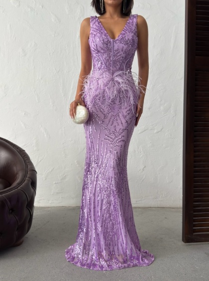 Rochie eleganta lunga cu paiete si pene - Img 2