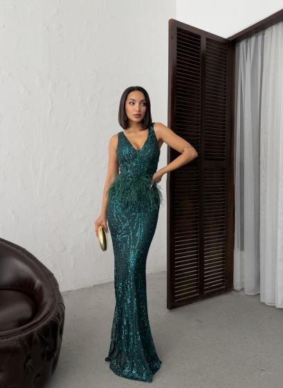 Rochie eleganta lunga cu paiete si pene - Img 5