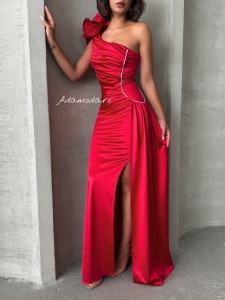 Rochie eleganta lunga din satin cu accesoriu pampon - Img 5