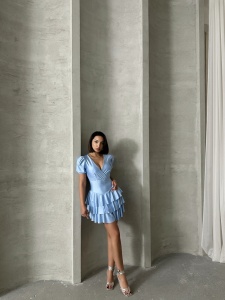 Rochie eleganta scurta din lycra cu volane si strasuri - Img 5