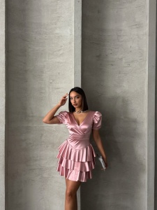 Rochie eleganta scurta din satin cu volane - Img 5
