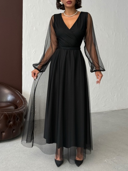 Rochie lunga din tull cu accesoriu in talie - Img 3