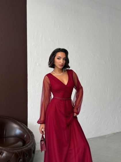 Rochie lunga din tull cu accesoriu in talie - Img 6