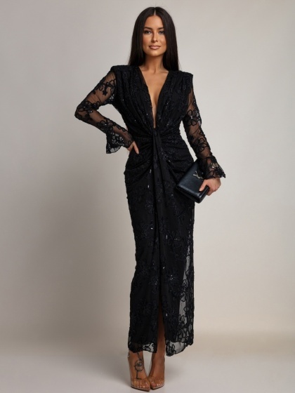 Rochie lungă din tull, cu broderie florală, paiete strălucitoare și mâneci evazate tip clopot - Img 4