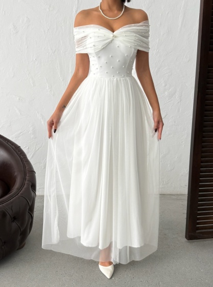 Rochie lunga din tull cu detalii perle - Img 3