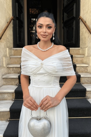 Rochie lunga din tull cu detalii perle - Img 4