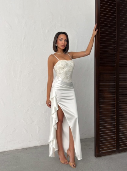 Rochie lunga eleganta din satin cu bust brodat si paiete - Img 5