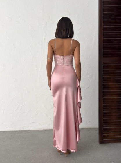 Rochie lunga eleganta din satin cu bust brodat si paiete - Img 2