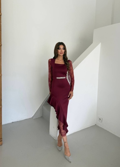 Rochie midi eleganta cu dantelă și detalii volan - Img 2