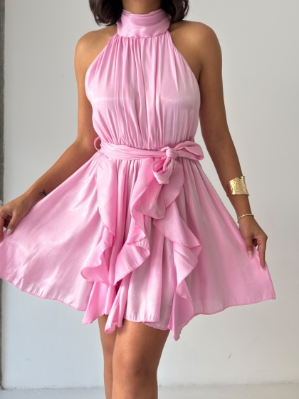 Rochie scurtă elegantă din satin cu falduri - Img 3