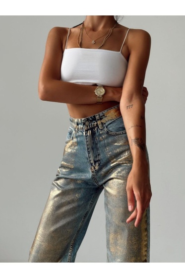Blugi evazati cu aspect auriu - Img 2