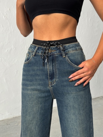 Blugi evazati cu talie elastică cu șiret - Img 2