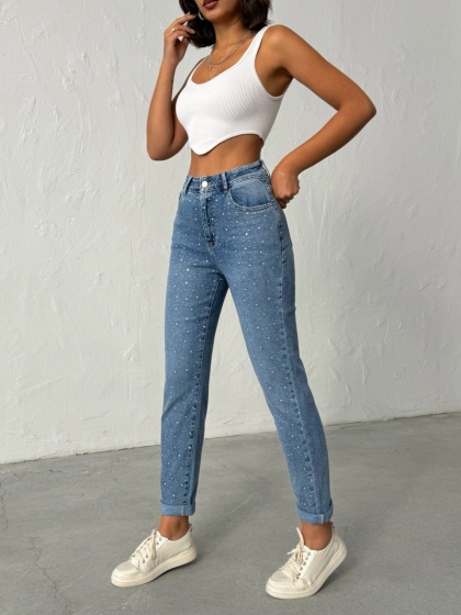 Blugi mom fit elastici cu aplicatii din strasuri - Img 3