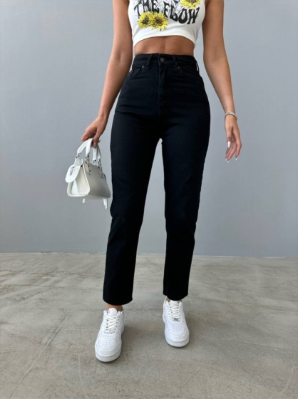 Blugi mom fit elastici cu design simplu - Img 2