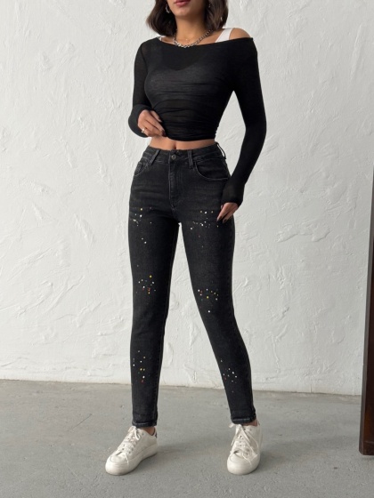 Blugi mom fit elastici cu stropi de vopsea