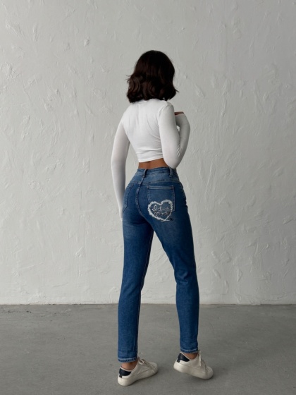 Blugi mom fit elastici decorativ pe buzunarul din spate - Img 2