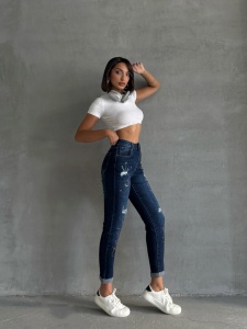Blugi skinny elastici cu rupturi si pete de vopsea - Img 7