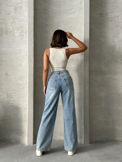 Blugi wide leg cu abraziuni în față, în zona buzunarelor - Img 2