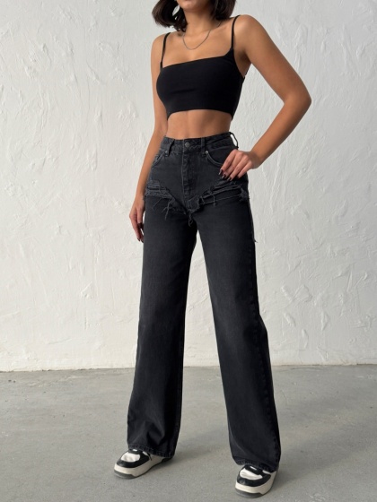 Blugi wide leg cu abraziuni în față - Img 2