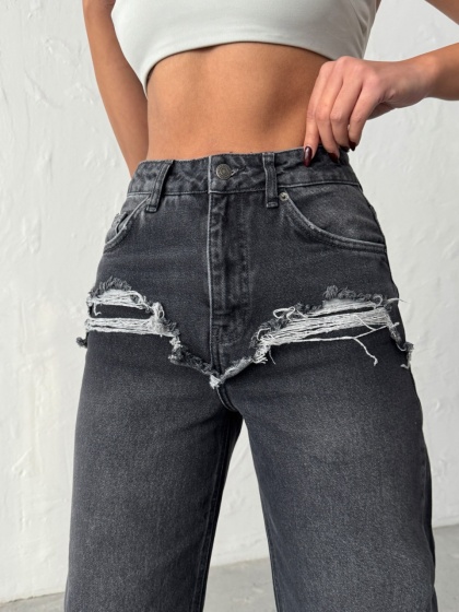 Blugi wide leg cu abraziuni în față - Img 1