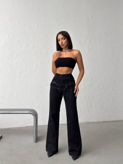 Blugi wide leg cu abraziuni în față - Img 5