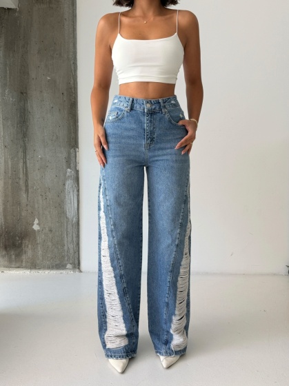 Blugi wide leg cu abraziuni pe lateral - Img 3