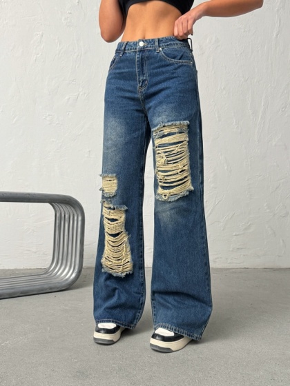 Blugi wide leg cu abraziuni - Img 3