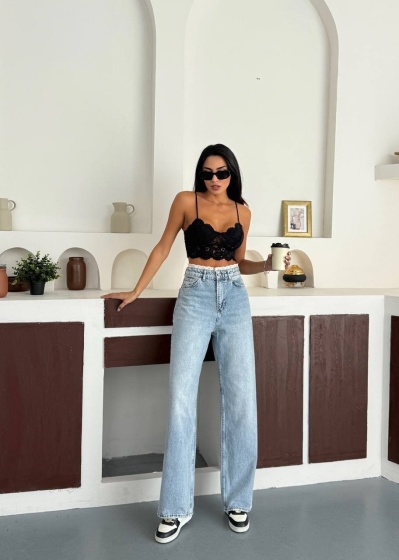 Blugi wide leg cu broderie la talie - Img 4