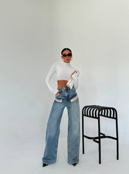 Blugi wide leg cu buzunare pe exterior - Img 3