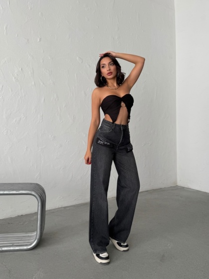 Blugi wide leg cu buzunare pe exterior - Img 7