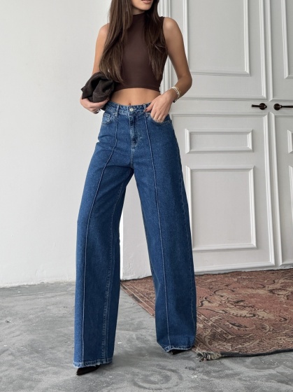 Blugi wide leg cu dunga pe mijloc - Img 1