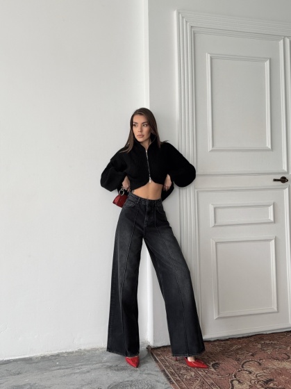 Blugi wide leg cu dunga pe mijloc - Img 5