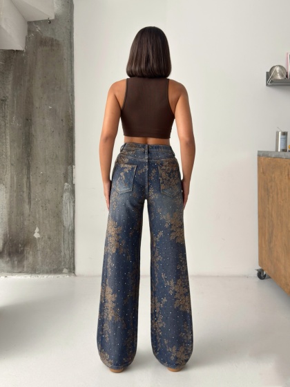 Blugi wide leg cu imprimeu floral maro și detalii strălucitoare - Img 2