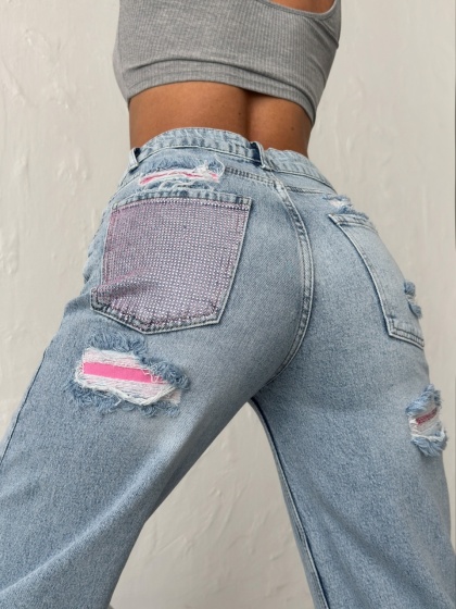 Blugi wide leg cu inserții roz - Img 3