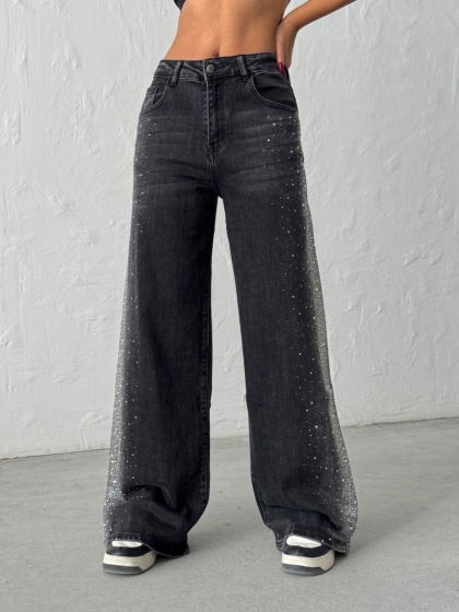 Blugi wide leg cu strasuri pe lateral - Img 3