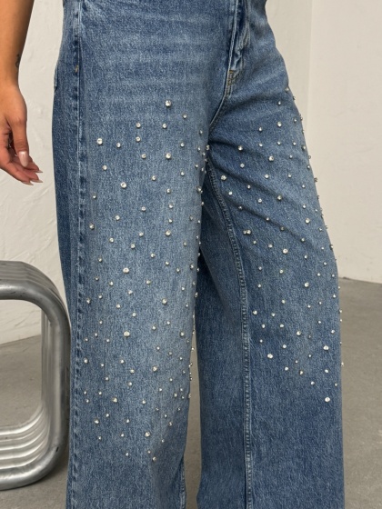 Blugi wide-leg din denim cu detalii strălucitoare - Img 2