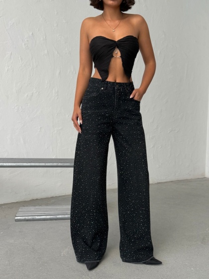 Blugi wide leg din denim cu detalii strălucitoare - Img 2