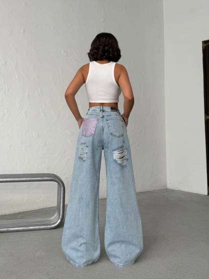 Blugi wide leg din denim cu rupturi pe posterior - Img 1