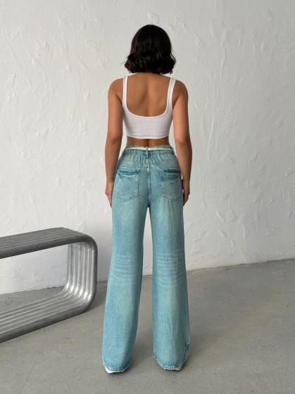 Blugi wide leg subtiri cu siret in talie - Img 5