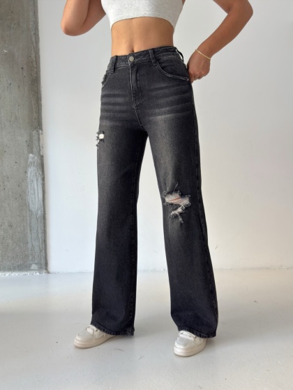 Blugi wide leg usor elastici cu detaliI rupturi
