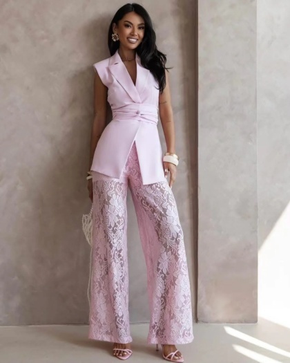 Costum cu pantalon din dantela si sacou lung - Img 2