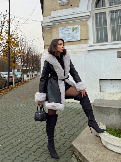 Geaca lunga din imitatie de piele cu blana artificiala - Img 2