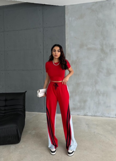 Pantaloni evazati cu denim si material textil - Img 2