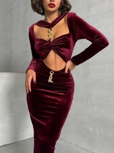 Rochie din catifea accesorizata cu lant - Img 1