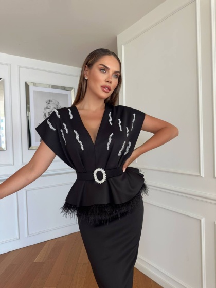 Rochie elegantă cu detalii glitter și talie accentuată - Img 3