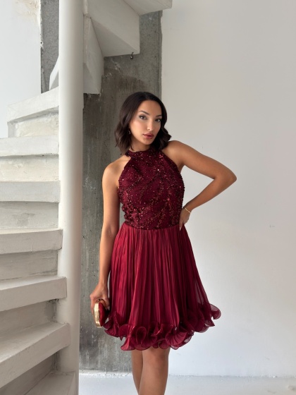 Rochie eleganta din satin creponat accesorizata cu paiete - Img 4