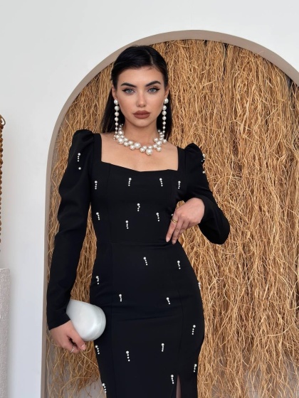 Rochie eleganta lunga accesorizata cu perlute - Img 3