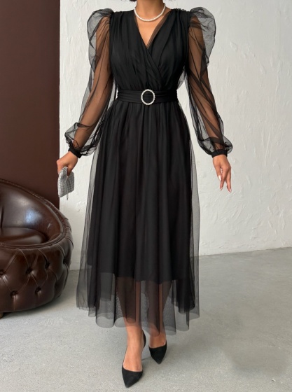 Rochie eleganta lunga cu accesoriu in talie din tull - Img 4