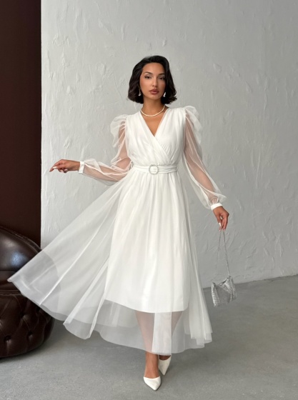 Rochie eleganta lunga cu accesoriu in talie din tull - Img 5